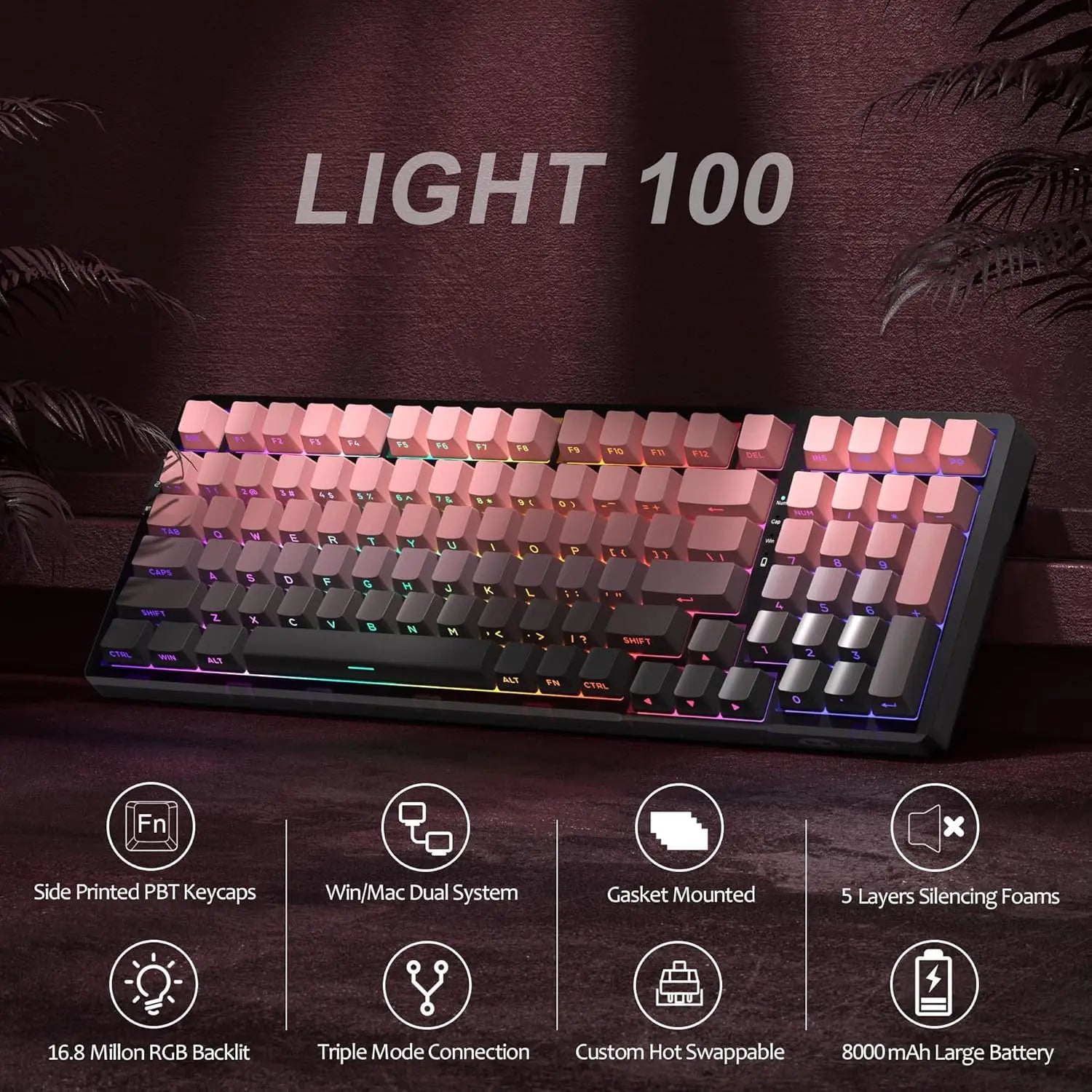 MageGee LIGHT100 Wireless Creamy Keyboard, Gasket Structure Hot Swappable, Tri-Mode 2.4GUSB-CBT5.0 RGB Backlit Mechanical Gami