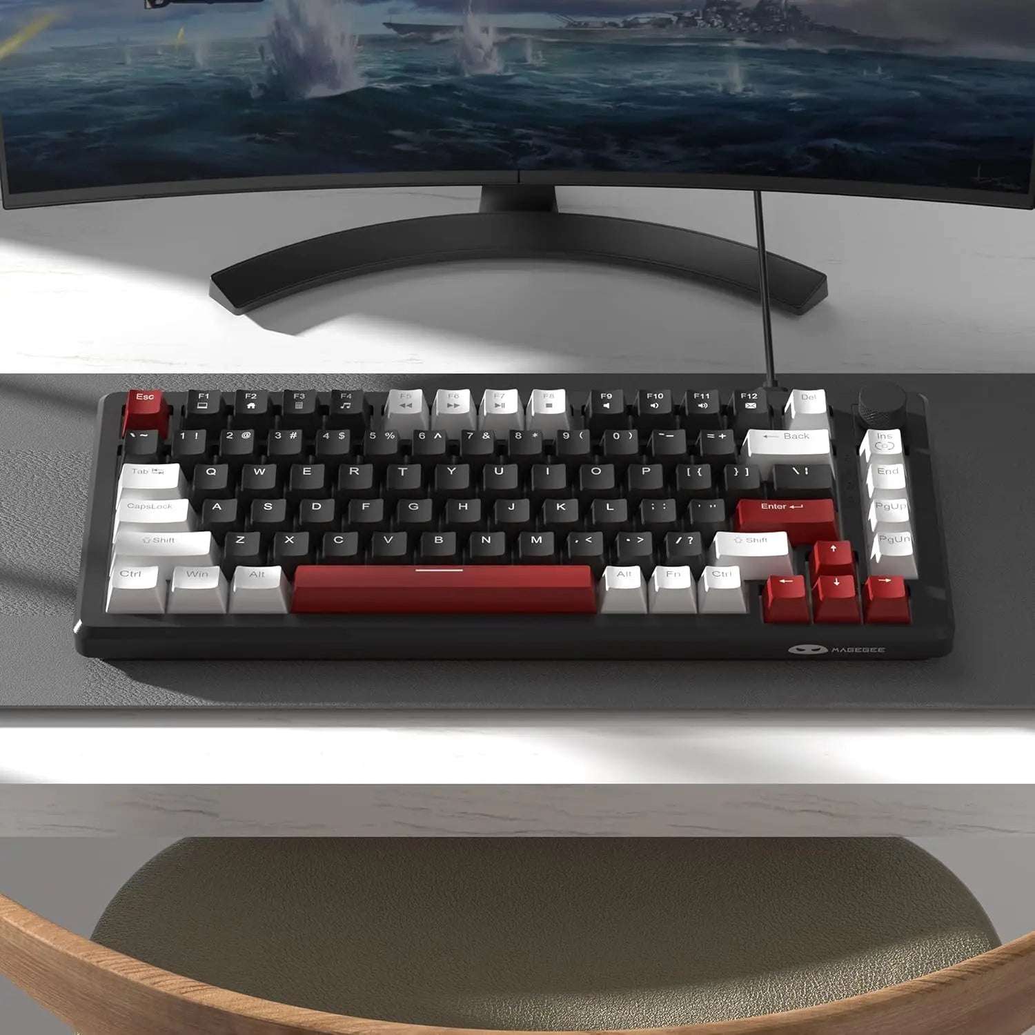 MageGee 75% Mechanical Gaming Keyboard, Compact Blue Backlit Wired Gaming Keyboards with Yellow Switches, EVA Foam, Knob Control