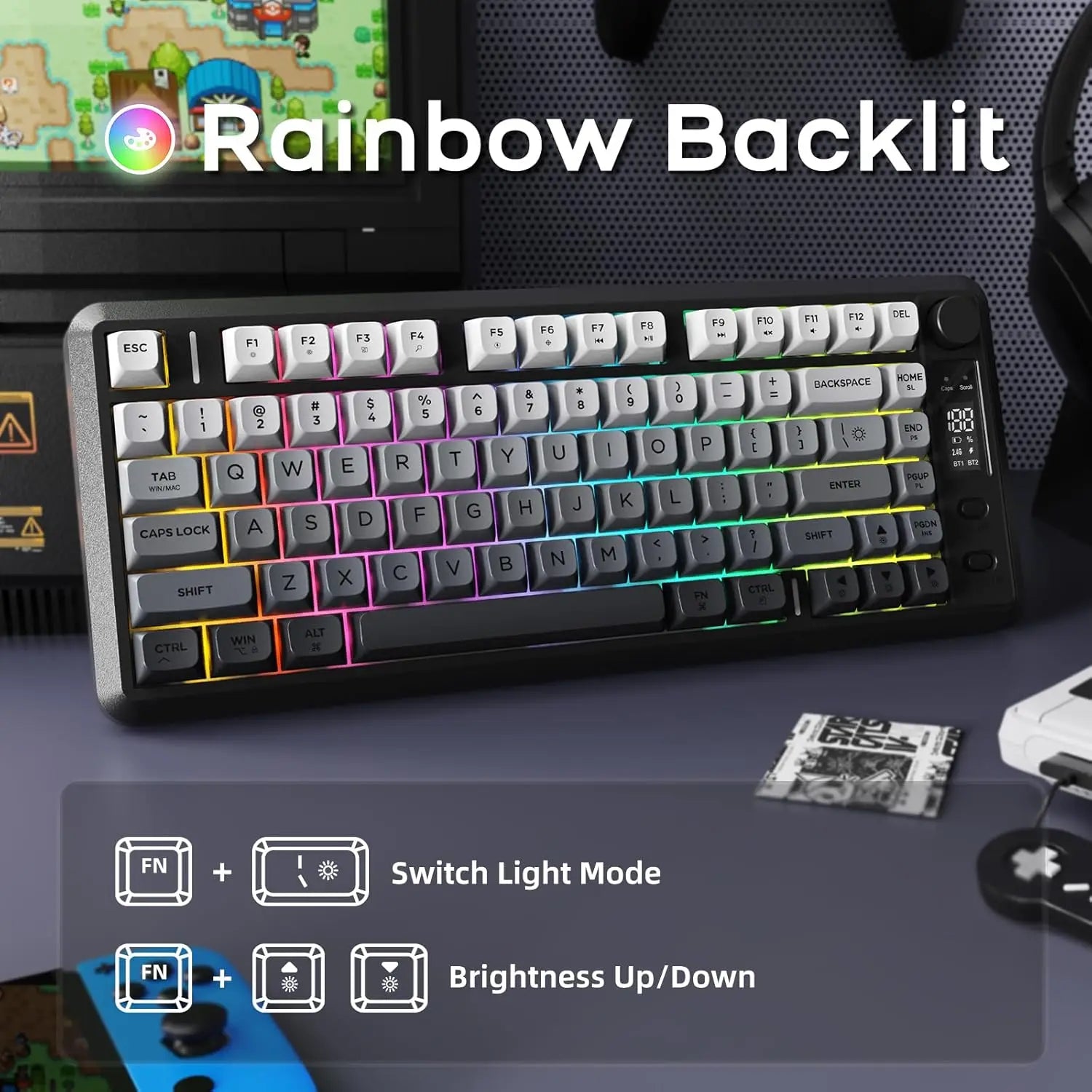 ATTACK SHARK M75 Wireless Membrane Gaming Keyboard with Knob&OLED Display Bluetooth 2.4Ghz Rainbow Backlit Gradient PBT Keycaps