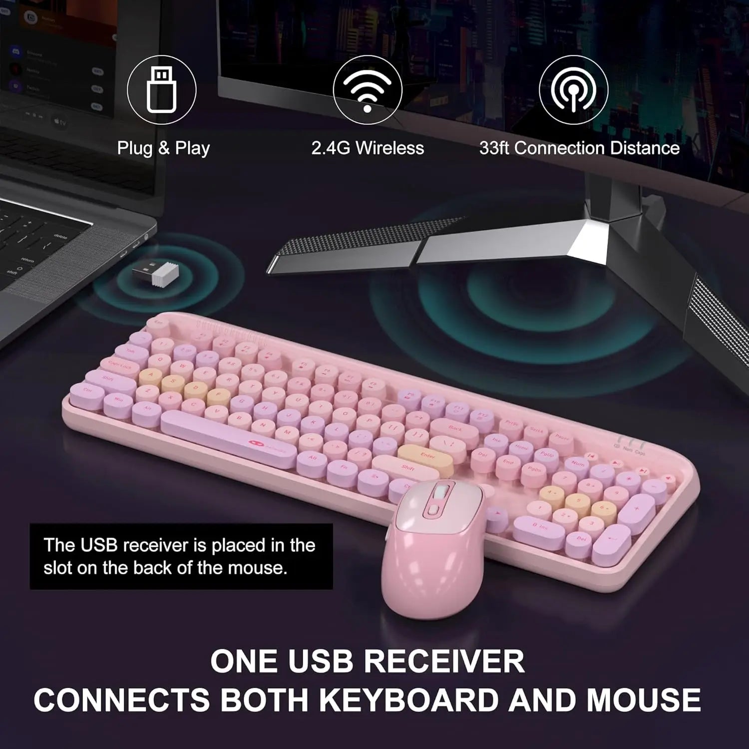 MageGee Wireless Keyboard and Mouse Combo Round keycaps Retro Typewriter Keyboard 104 Key Full-Sized Keyboard Automatic Power Sa
