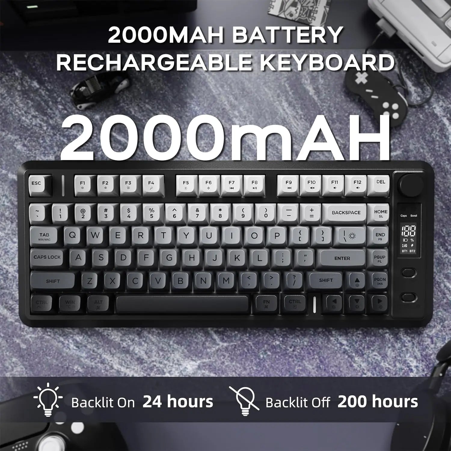 ATTACK SHARK M75 Wireless Membrane Gaming Keyboard with Knob&OLED Display Bluetooth 2.4Ghz Rainbow Backlit Gradient PBT Keycaps