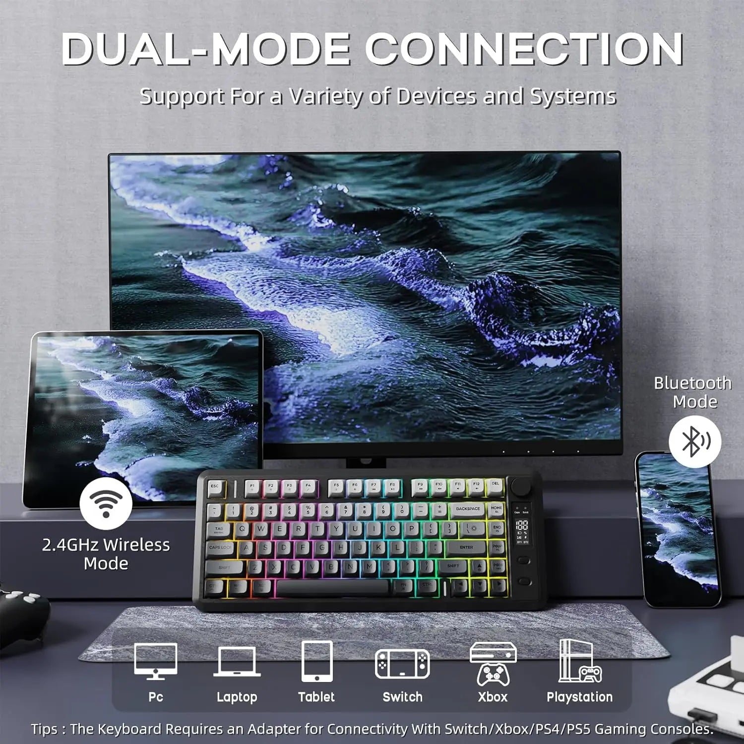 ATTACK SHARK M75 Wireless Membrane Gaming Keyboard with Knob&OLED Display Bluetooth 2.4Ghz Rainbow Backlit Gradient PBT Keycaps