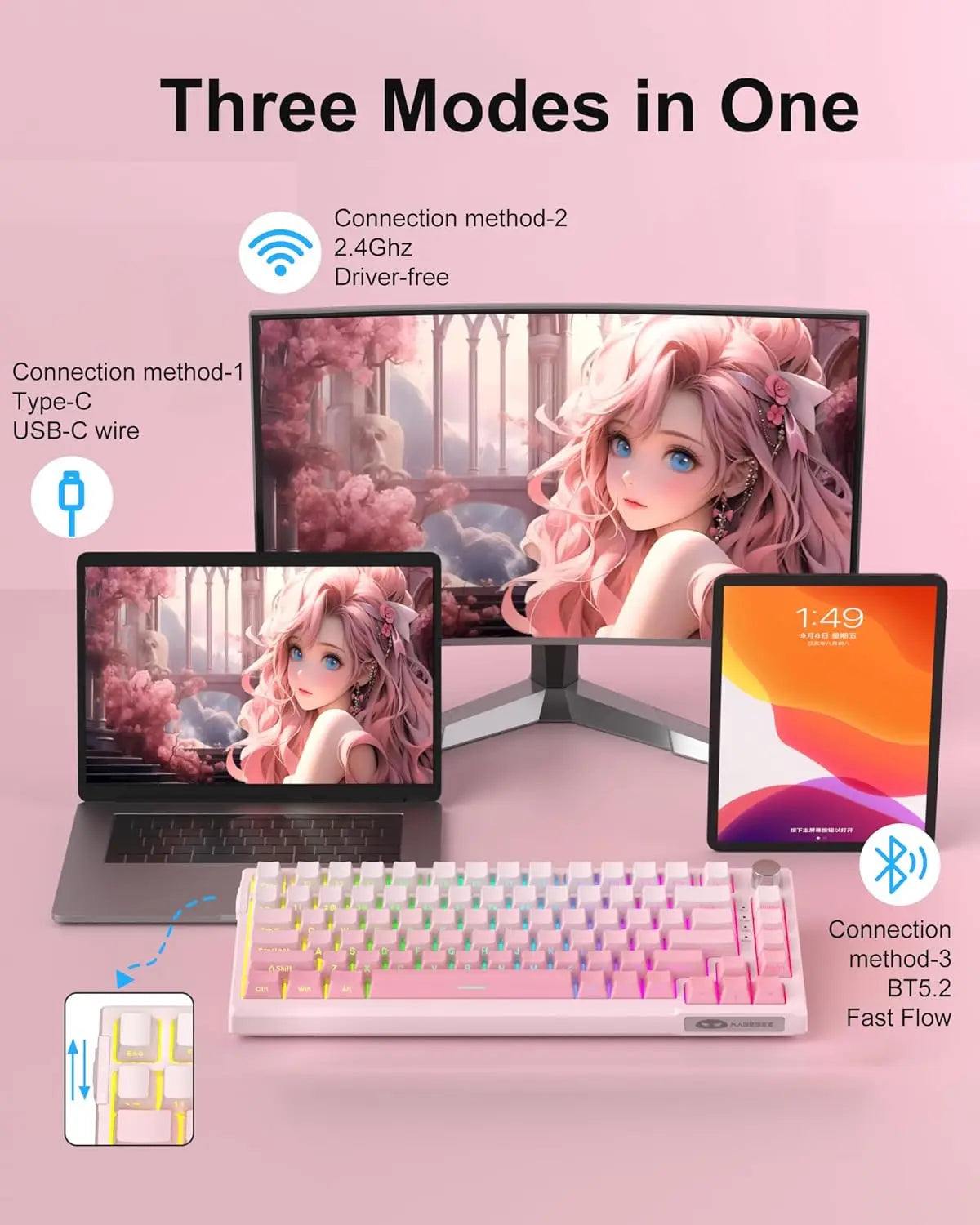 MageGee SKY81 75% Wireless Gasket Mechanical Gaming Keyboard, Hot Swappable RGB w5-Layer Padding, BT2.4GUSB-C, Knob Control