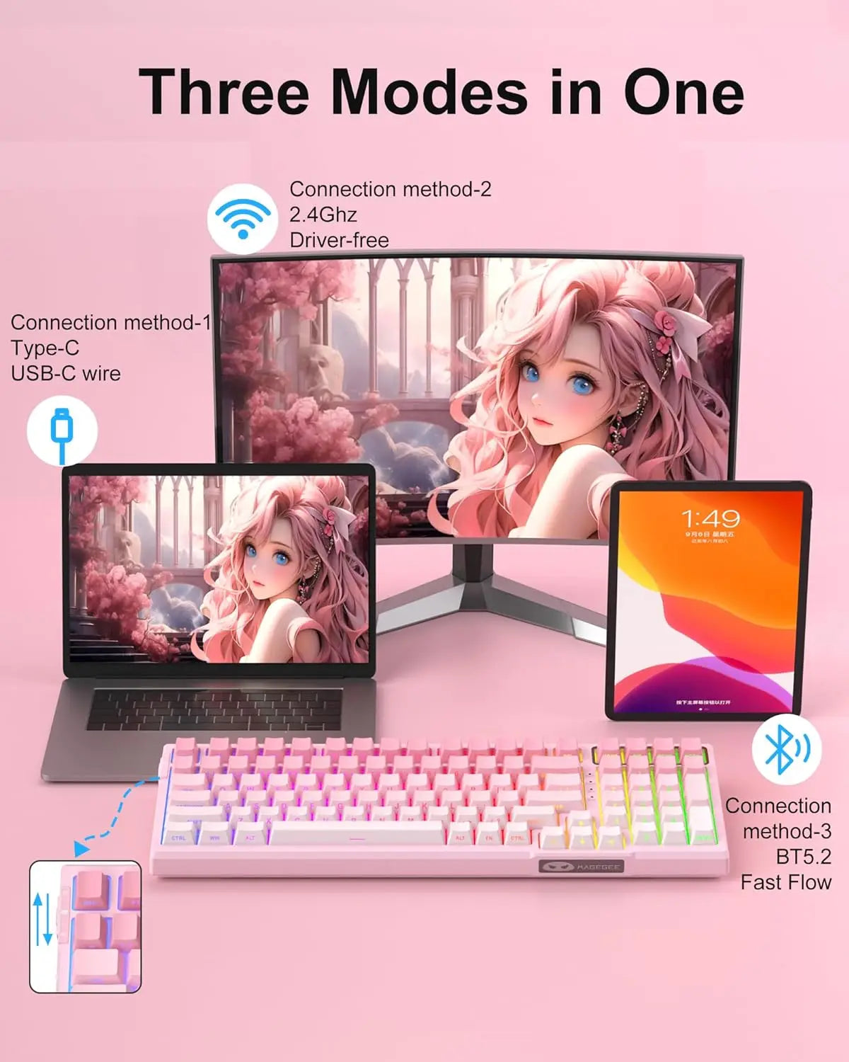 MageGee SKY98 Wireless Gasket Mechanical Gaming Keyboard, 96% Hot Swappable RGB 5-Layer Sound Padding, BT2.4GUSB-C, NKRO