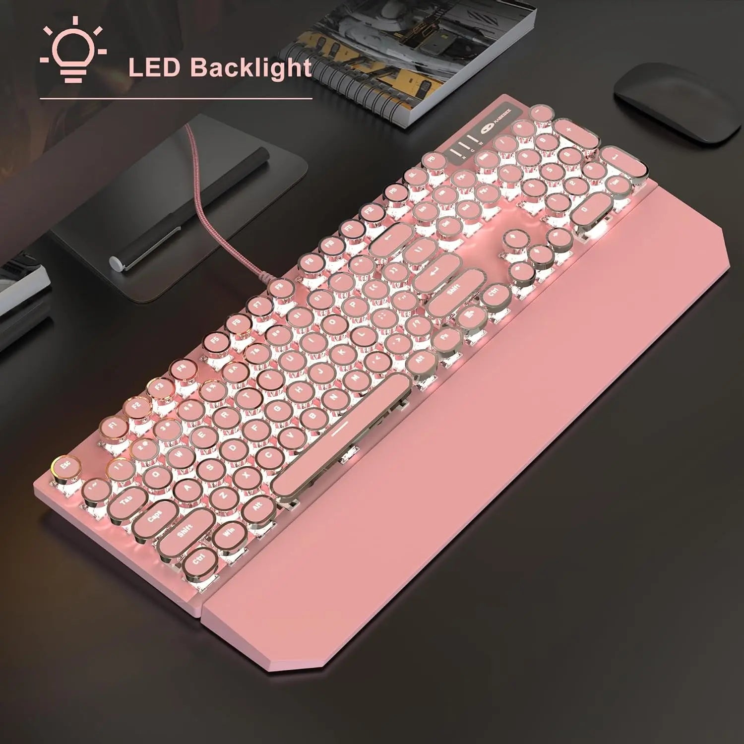 Typewriter Mechanical Gaming Keyboard and Mouse Combo, Retro Punk Round Keycaps RGB Rainbow Backlit Wired Keyboard for Gamer