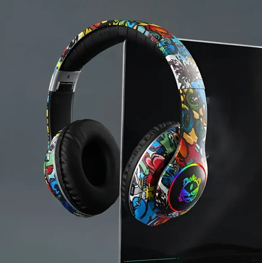 Graffiti Wireless Headphones  LED Light Bluetooth Headsets Game Doodle Earphones Mic For Kids Boy Girl Gifts Support TF Card