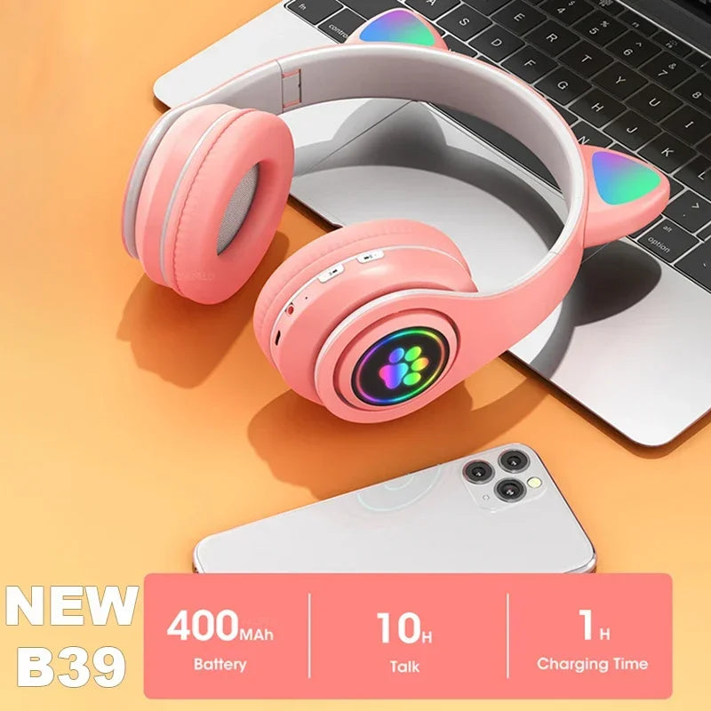 Light Cute Cat Ear Bluetooth Headphones Earphones With MIC Support TF Card  Wireless Headsets Headset For Kids Girl Gifts