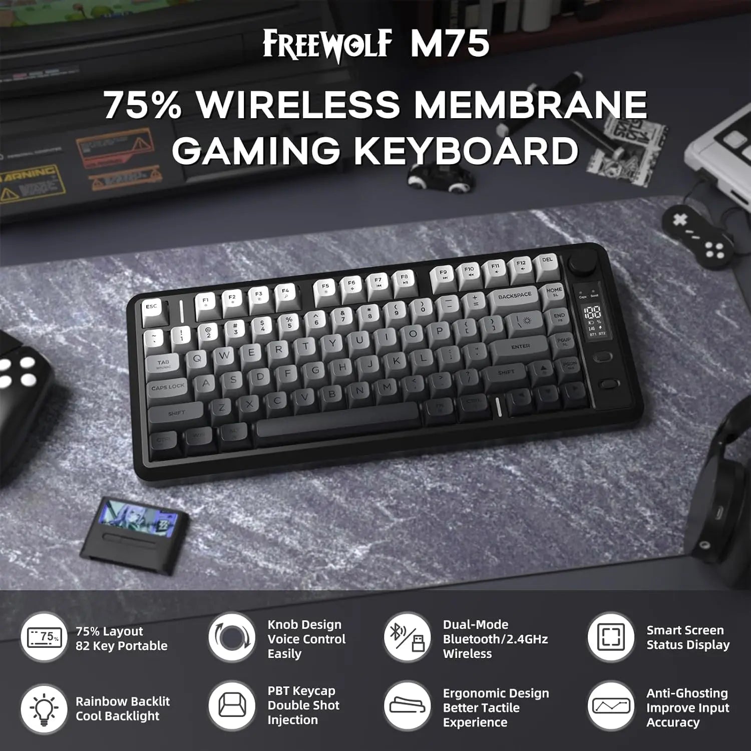 ATTACK SHARK M75 Wireless Membrane Gaming Keyboard with Knob&OLED Display Bluetooth 2.4Ghz Rainbow Backlit Gradient PBT Keycaps