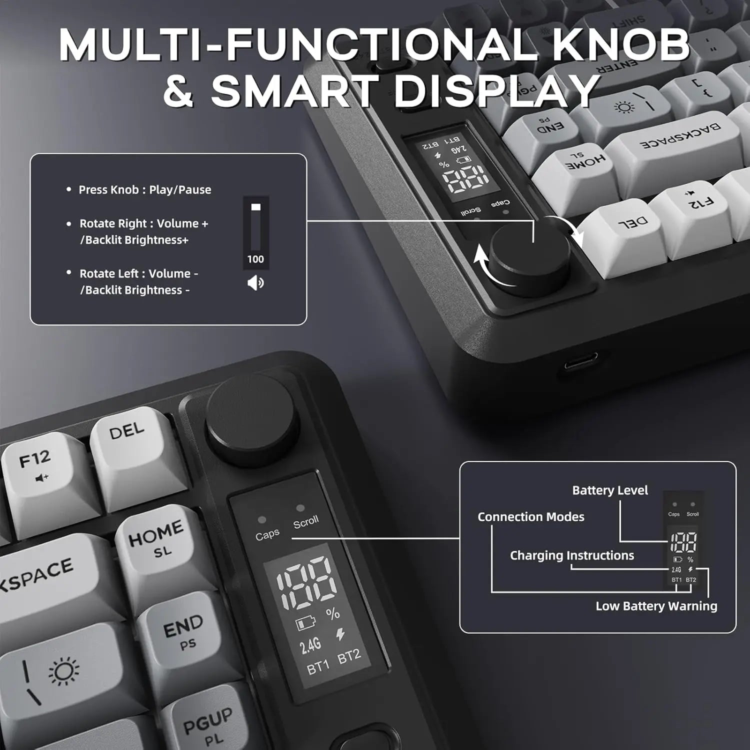 ATTACK SHARK M75 Wireless Membrane Gaming Keyboard with Knob&OLED Display Bluetooth 2.4Ghz Rainbow Backlit Gradient PBT Keycaps
